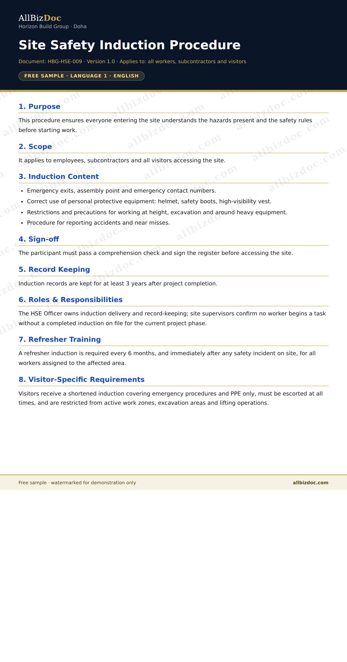 Sample preview: Site Safety Induction Procedure for Construction & Real Estate