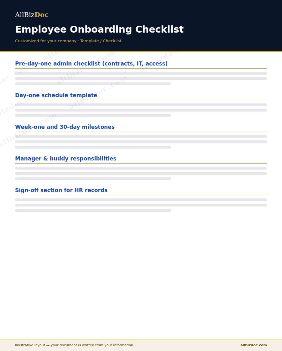 Illustrative layout of a Employee Onboarding Checklist