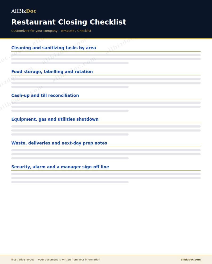 Illustrative layout of a Restaurant Closing Checklist