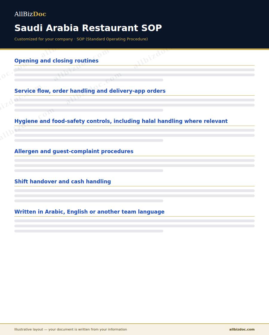 Illustrative layout of a Saudi Arabia Restaurant SOP