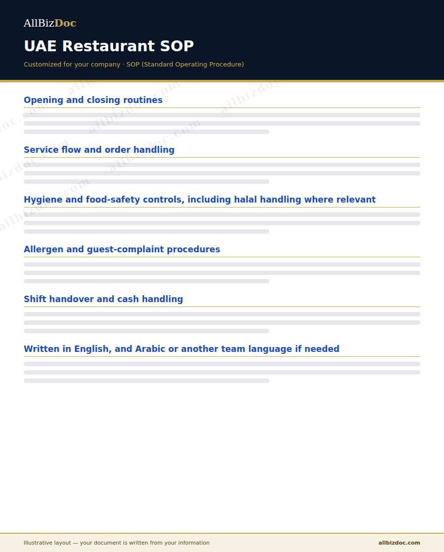Illustrative layout of a UAE Restaurant SOP