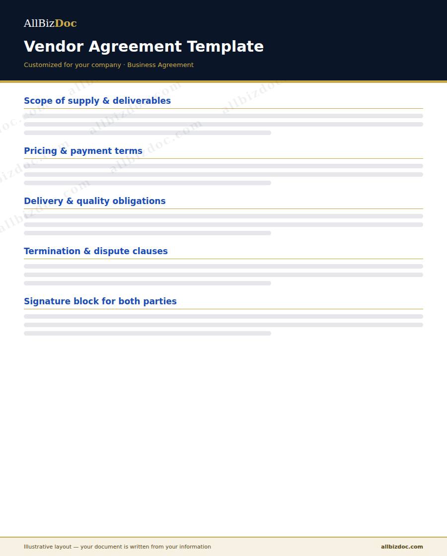 Illustrative layout of a Vendor Agreement Template